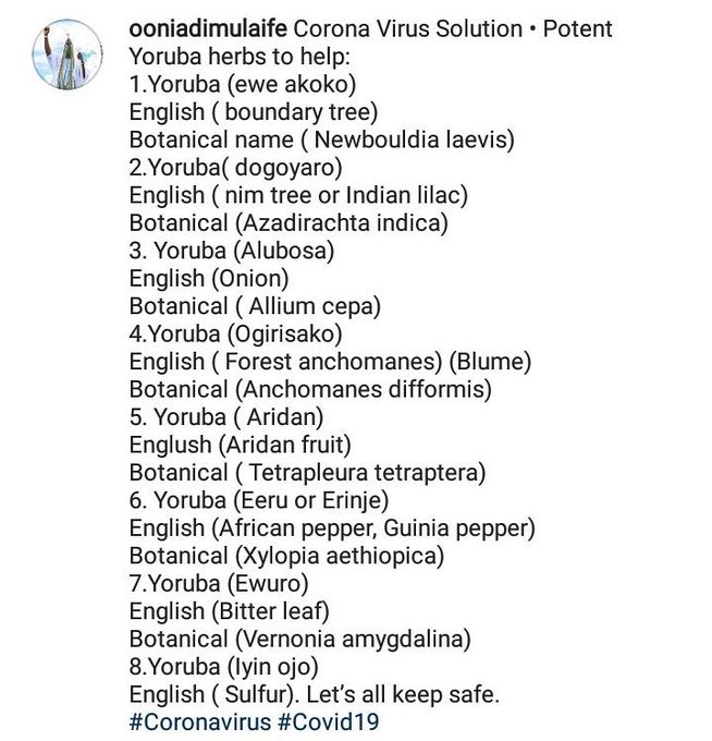 OONI of Ife  unleashed the coronavirus solution,  far better than cloroquine.