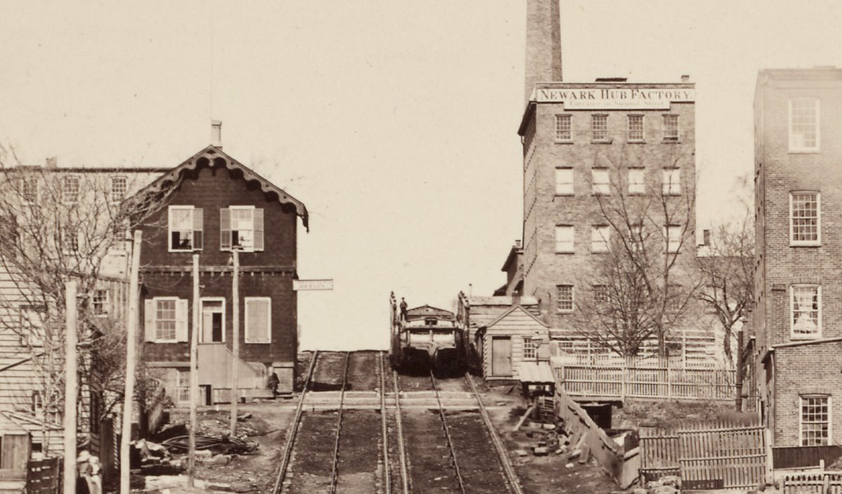 (4/4) Morris & Essex Canal, Plane 12 East, Newark in 1870 (1830-1924)   "NEWARK HUB FACTORY Entrance in Summit Street"The "OFFICE" on the left might be the management of Plane 12E. #funicular  #boatlift  #waterway  #canal  #Morris  #Newark  #NewJersey  @RonaldLRice  @BntnHistSoc