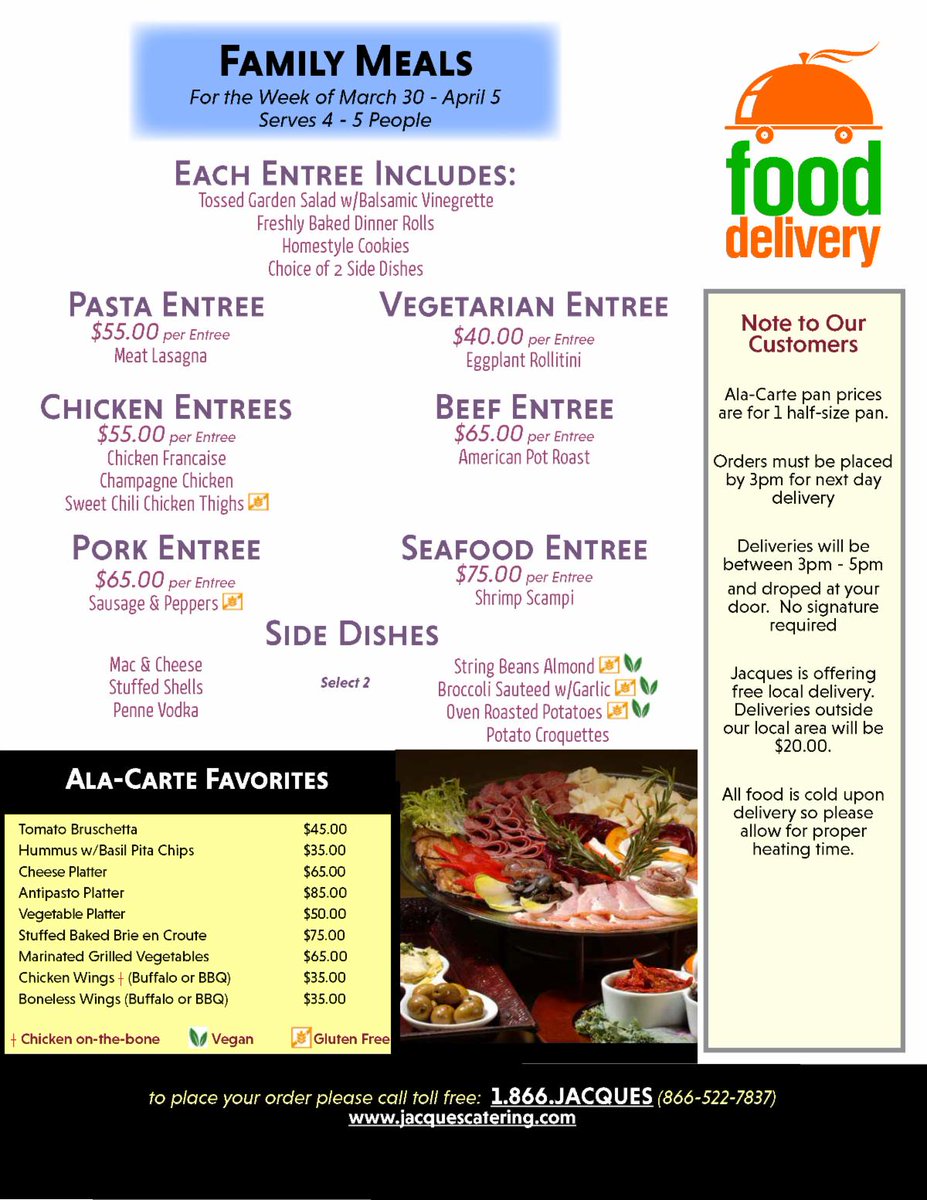 JacquesCatering's tweet photo. Curbside Catering Menu for this Week: Updated Family Meal Menu https://t.co/W8KU0wajSi https://t.co/I6qJBbtLGn