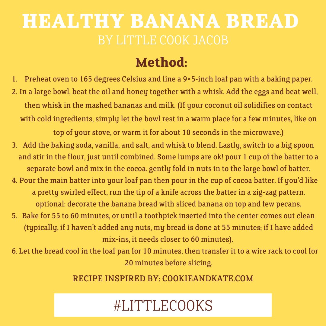 bonappmalahide's tweet photo. Let's get cooking! Easy peasy recipe to keep the kids occupied at home ๐ First up is Jacob with his Healthy Banana Bread. Enjoy, it's DELICIOUS!
Can't wait to see everyone's creations #LittleCooks.
#StayAtHome https://t.co/PA8QCWJGlS