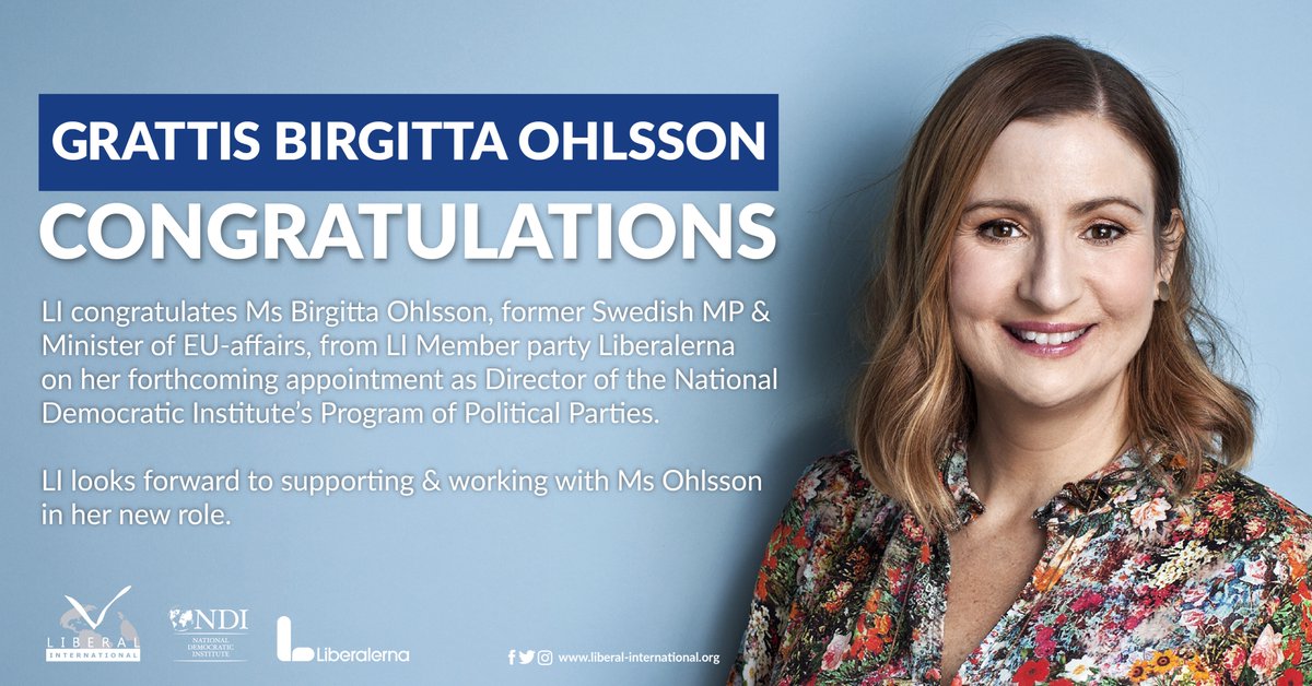 liberalinternat's tweet image. Join us in congratulating Ms @birgittaohlsson, former #Swedish MP &amp;amp; Minister of EU-affairs, from LI Member party @liberalerna on her forthcoming appointment as Director of @NDI&apos;s Program of Political Parties in Washington DC. 👏🎉

Read more here 👉 bit.ly/2wPAjN6