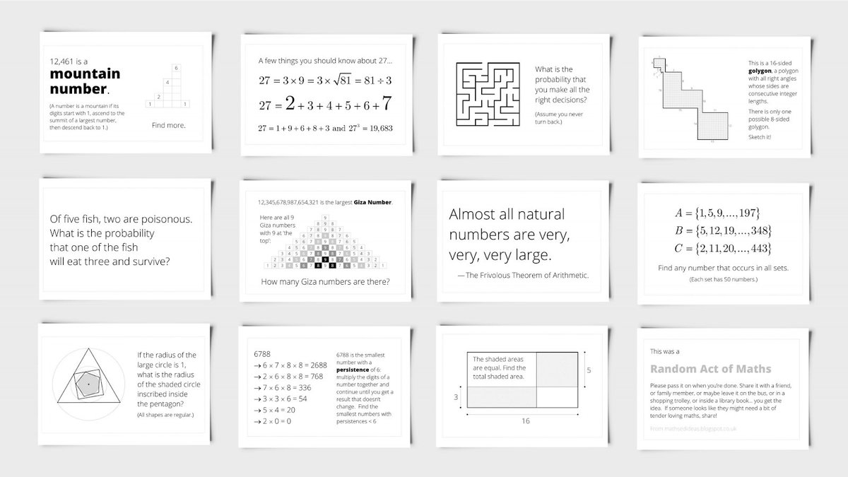 MathsEdIdeas's tweet image. A little something that may help... 320 Random Acts of Maths: pocket-sized problems, teasers, curios, provocations, inspirations, etc. For downloads, inc. solutions and slides: bit.ly/2MkTnFM • #maths #math #MTBoS #iteachmath #mathsathome #MathsEveryoneCanAtHome