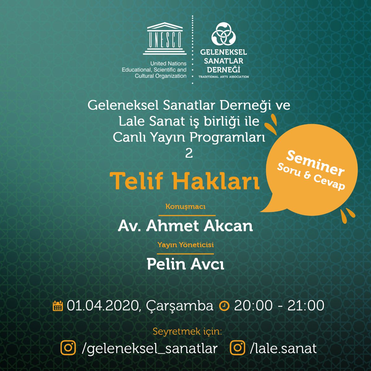 lale_sanat's tweet photo. 1 Nisan 2020 saat 18.00'e kadar telif hakları konusundaki sorularınızı yorum kısmından bize ulaştırabilirsiniz. 20.00-21.00 saatleri arasında Av. Ahmet Akcan, telif haklarıyla ilgili yapacağı seminerin ardından Pelin Avcı moderatörlüğünde sizlerden gelen soruları yanıtlayacak. https://t.co/8EFgACoXKs