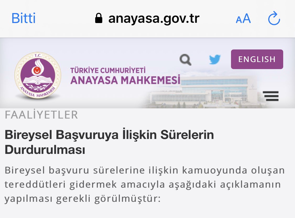 nznmor's tweet photo. ANAYASA MAHKEMESİ 
BİREYSEL BAŞVURUYA İLİŞKİN SÜRELERİN DURDURULDUĞUNA AÇIKLIK GETİRDİ. https://t.co/AW7VY6Z6zI