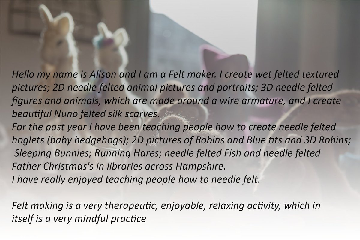 hantslibraries's tweet photo. 👩🏫👨🏫Every Wednesday we will be introducing you to some of our #LearninginLibraries tutors, who have been running courses in #HampshireLibraries.
😁👋Today, meet Alison, who is a #feltmaker & has run many #needlefelting courses. Read more ⬇️
#WhoseWhoWednesdays @hantsconnect https://t.co/vUiWsKlqbd