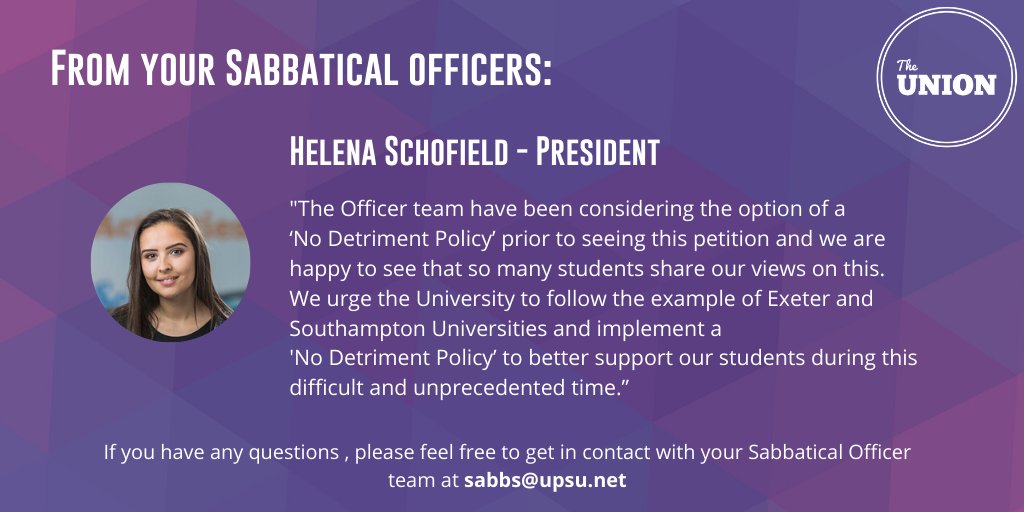 portsmouthsu's tweet photo. A statement from the Sabbs, regarding the recent petition calling for the University to implement a 'No Detriment Policy', so student's grades are not negatively impacted from the disruption caused by Coronavirus. They are actively lobbying the University on this stance for you. https://t.co/DcbjaFud6T