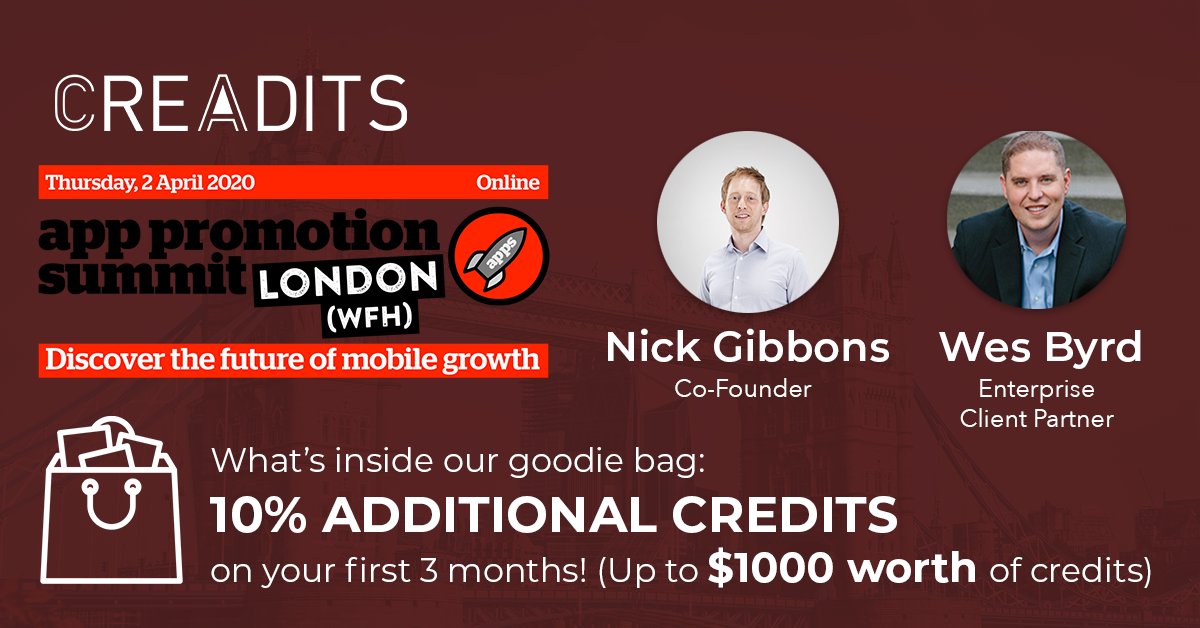 getcreadits's tweet photo. We'll be at @apppromotion in London (WFH) edition! The digital goodie bag includes 10% additional credits worth up to $1000 with our subscription plan. DM us to book a meeting! #aps #apslondon #aps2020 https://t.co/xM8AiBV9kV
