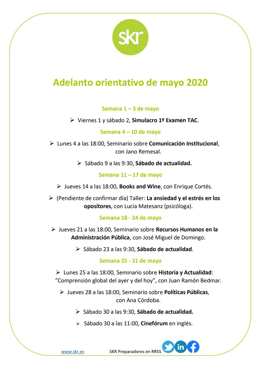 SKR_escuela's tweet photo. ¡El confinamiento no es obstáculo para seguir con la mejor formación! Aquí tenéis las actividades programadas para abril y una previsión del mes de mayo. Podéis inscribiros a través del aula virtual, ¡os esperamos! #Oposiciones #SKRpreparadores https://t.co/Pz6SnXntas
