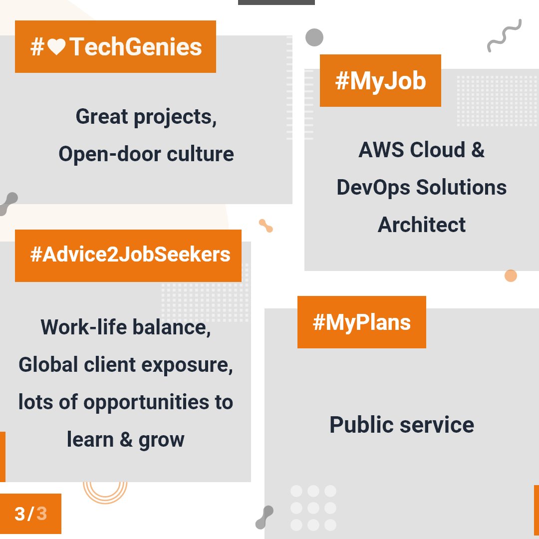 TechGenies's tweet photo. #Personality
Passionate, Positive Energy, Perseverance, Perspective
#FunFact
Learn something positive from everyone
#MyPlans
Public service
#TechGenies
Great projects, Open-door culture
#Advice2JobSeekers
Work-life balance, Global client exposure https://t.co/F1NzSNwfwN