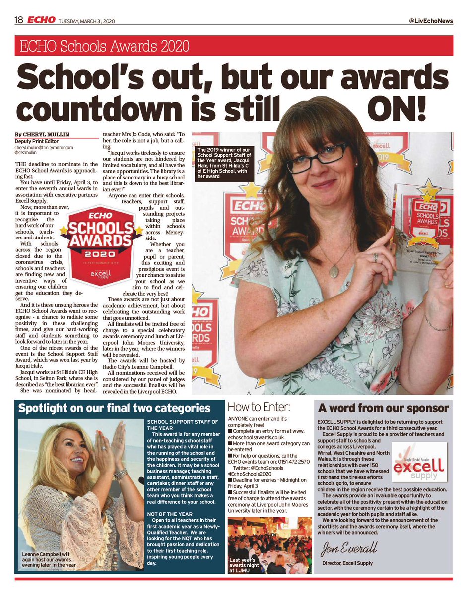 EchoSchools's tweet photo. School's out, but our @LivEchonews #SchoolsAwards2020 countdown is STILL on! 
You have until midnight on Friday to enter! 
visit https://t.co/2E5fstAArb 
#Free2Enter #Free2Attend @ExcellSupply https://t.co/J5gOFKtAXw