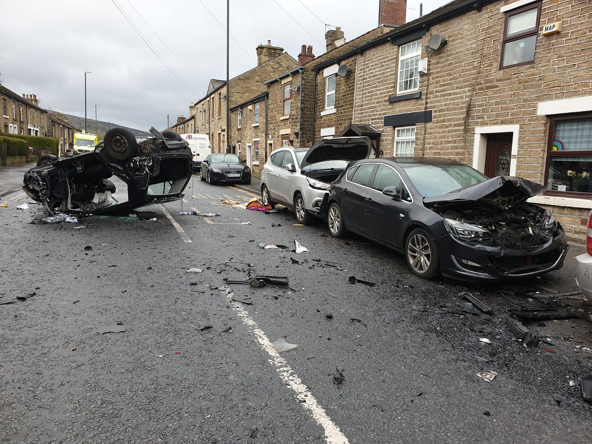 DerbyshireRPU's tweet photo. Glossop. 5 vehicle collision - 1 vehicle into 4 parked vehicles. Driver taken to hospital with serious but not life threatening injuries. Recovery almost complete. Any witnesses please call 101 or message @DerPolContact. #DriveToArrive #HighPeak #Traffic https://t.co/xHGU04QFC1