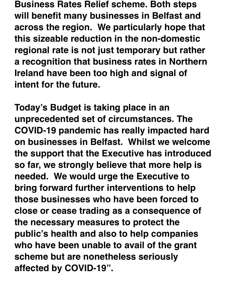SimonHamilton's tweet photo. @BelfastChamber welcomes business rates reduction and renewal of Small Business Rates Relief scheme announced in #nibudget but calls for more #COVID19 support for businesses https://t.co/xcOsF819mQ