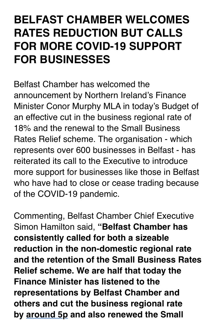 SimonHamilton's tweet photo. @BelfastChamber welcomes business rates reduction and renewal of Small Business Rates Relief scheme announced in #nibudget but calls for more #COVID19 support for businesses https://t.co/xcOsF819mQ