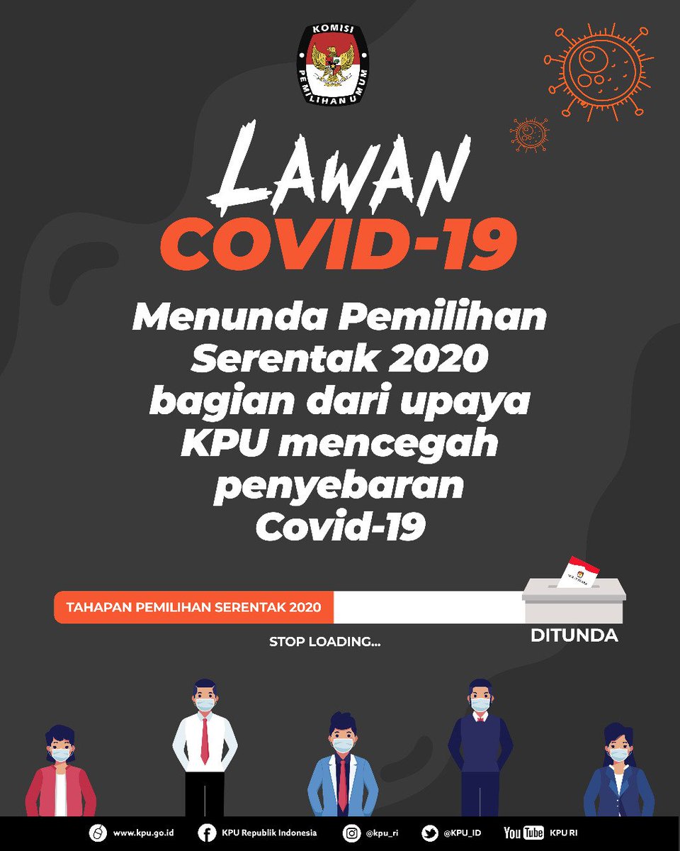 Hai #TemanPemilih Pembuat UU dan Penyelenggara sepakat tunda Pemilihan Serentak 2020.
#Pilkada penting untuk bangsa Indonesia, namun lebih penting menjaga kesehatan dan keselamatan warga negara Indonesia. Penundaan ini sebagai upaya KPU mencegah penyebaran Covid-19. #KPUMelayani