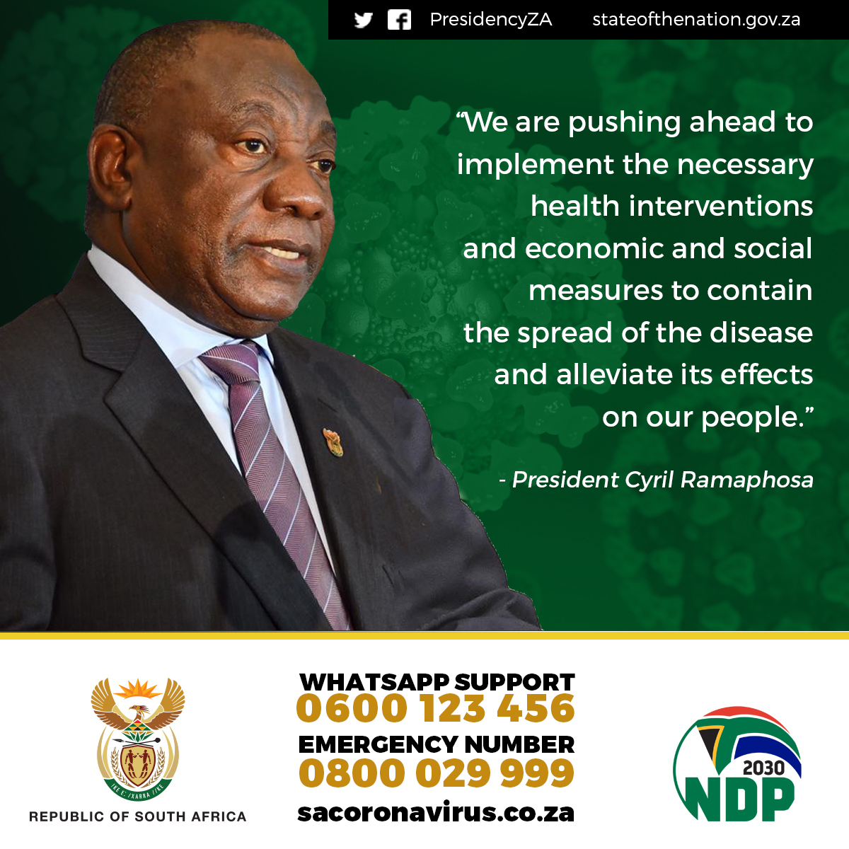 PresidencyZA's tweet photo. Government is doing everything it can to lessen the impact of the coronavirus pandemic and the nation-wide lockdown on our people. #Covid19SA #CovidTestingSA https://t.co/L9FkuUVxyu
