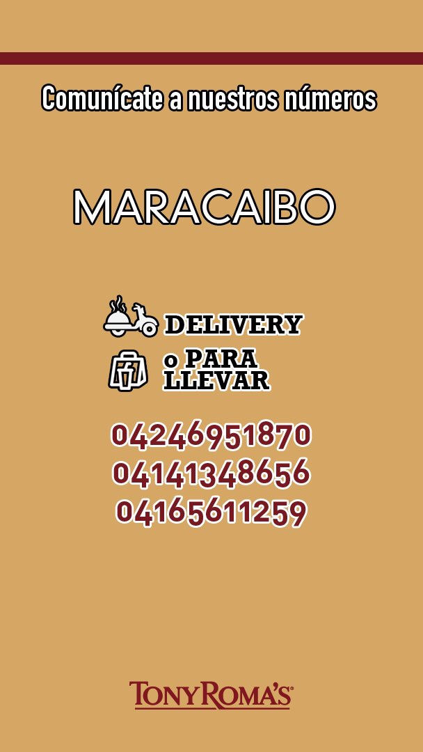 TonyRomasVE's tweet photo. ¡Comunícate a nuestros números en #Maracaibo y #Valencia y te llevamos lo mejor de nuestro menú. https://t.co/A65lXm1aoD
