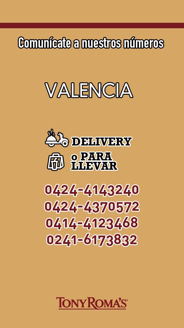 TonyRomasVE's tweet photo. ¡Comunícate a nuestros números en #Maracaibo y #Valencia y te llevamos lo mejor de nuestro menú. https://t.co/A65lXm1aoD