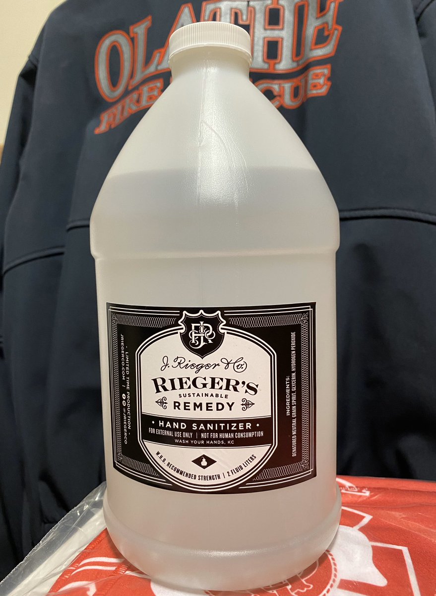 Huge “Thank You” to @JRiegerCo,  @AndyHRieger and team for keeping the @OlatheFire safe and healthy with your Rieger’s Remedy Hand Sanitizer. #kcstrong  🔥 🚒 👩‍🚒