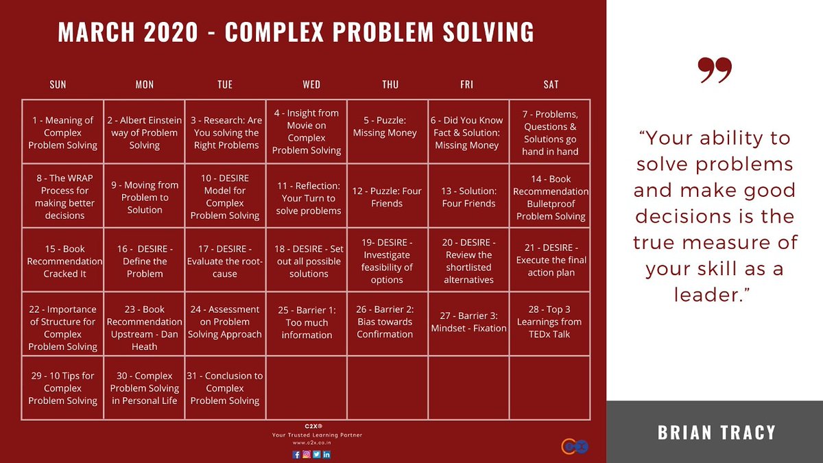 C2X_Training's tweet image. Recap of Month 01 - Complex Problem Solving
#March2020 #No1Skill #ComplexProblemSolving #WorldEconomicForum #Top10Skills2020 #Under60Seconds #Recap #LearningBytes #MicroLearning #DESIRE #BookRecommendations #Quotes #C2X #CorporateTraining #Training #SoftSkills #LeadershipSkills