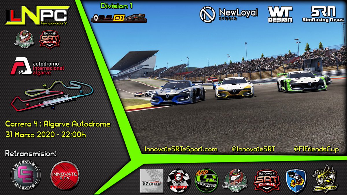 #ILNPC | Llegamos a la 4a cita de la temporada y nls vamos al trazado de Portimao #AlgarveGP con la #DivisionMeganeRS01
A partir de las 22:30h aprox te lo  cuenta en directo @ISRT_Cabayashi 
Te la vas a perder?
<a href="/wearteamdesign/">wear_team_design</a> 
<a href="/SimRNews_Es/">Simracing News</a> 
<a href="/NewLoyalStudio/">Newloyal Studio</a> 
<a href="/Fervivaelmadrid/">Fer_vivaelmadrid</a>