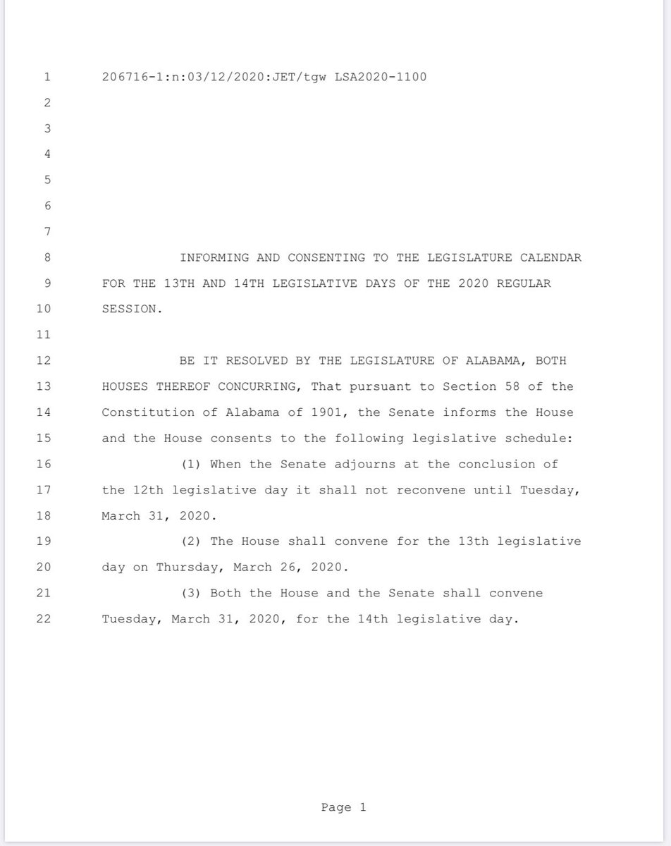 RepEngland70's tweet image. The Alabama House will be meeting today at 3 PM to consider a resolution and a change in rules to try and save as much of the session as possible during this crisis. After that is done, we will adjourn. No new date is set. #alpolitics #session2020 #COVID19 #coronavirus