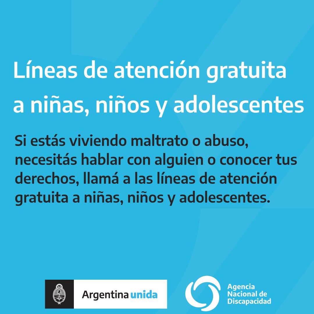 ANDIS_Arg's tweet photo. ☎ | En tiempos de cuarentena te acompañamos. Si estás viviendo maltrato o abuso, necesitás hablar con alguien o conocer tus derechos, llamá a las líneas de atención gratuita a niñas, niños y adolescentes del @MDSNacion y la Secretaría Nacional de Niñez, Adolescencia y Familia. https://t.co/lQIpMrm4Pu
