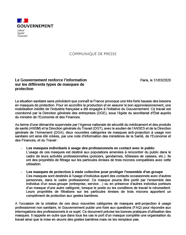 Sante_Gouv's tweet photo. #Coronavirus #COVID19 | Communiqué de presse
Le @gouvernementFR renforce l’information sur les différents types de masques de protection.

🗞 Lire le communiqué : https://t.co/KlA8e6lZPc
☑ Nous répondons à vos questions : https://t.co/BgmpUA3uOW https://t.co/fmWrsCZXGn
