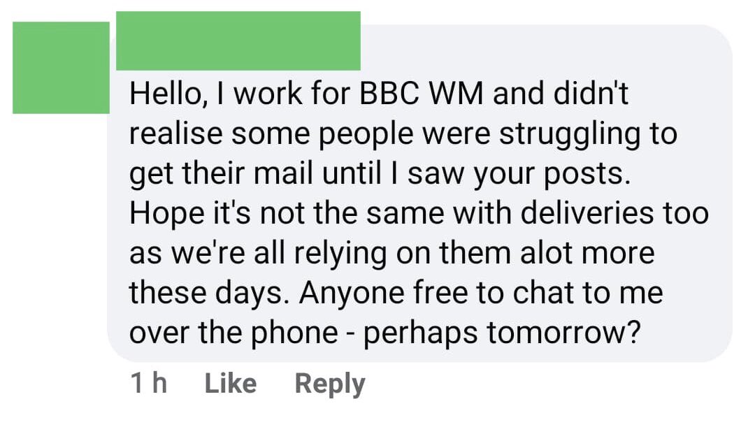 CoseleyFocus's tweet photo. A tenant on a new housing estate in Coseley hasn’t received mail for about 5/6 weeks. Asks on a local Facebook group if anyone else is having issues. 

Local @bbcwm journalist jumps on the post for an interview, trying to connect it to Coronavirus. https://t.co/NCMH2Rf4JL