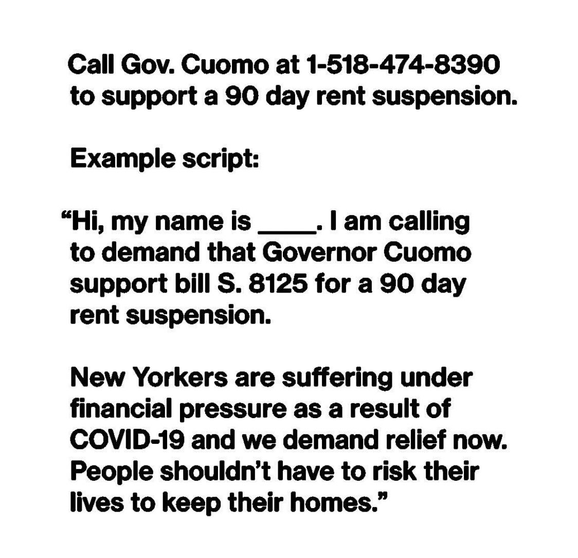 goddesskaylaxo's tweet photo. Take 10 minutes out of your day to call Gov. Cuomo and demand his support of a 90 day rent suspension 💕 https://t.co/2Pcr8aDbRs