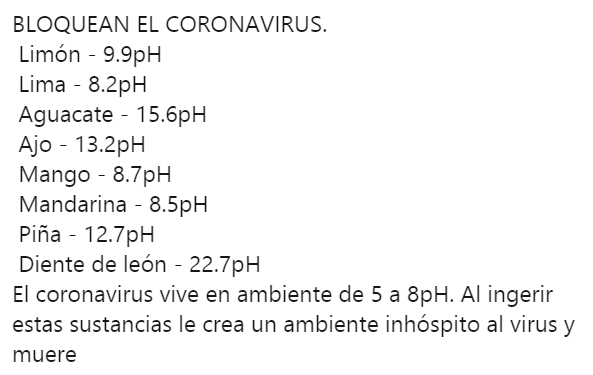 JotaHacheBe's tweet photo. Últimamente he visto repetido por Twitter el mismo tuit sobre pH y coronavirus. Supuestamente, los alimentos alcalinos matan al virus. Nada nuevo.

Al margen de que el cuerpo tiene sistemas amortiguadores que evitan los cambios de pH, los valores que dan son demenciales. https://t.co/kQDFKqxk6c