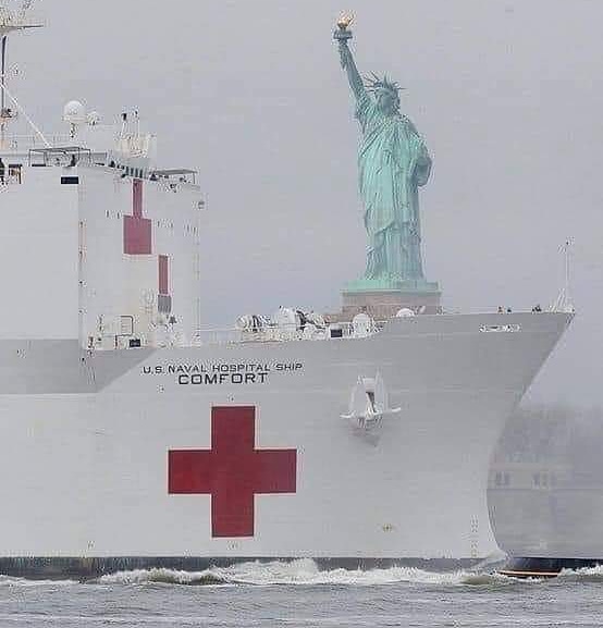 Room30Rocks's tweet photo. Between NY &amp; NJ our Lady Liberty shadows the US Naval Hospital Ship, "Comfort" in the Hudson River ❤ What a photo https://t.co/hksSEaNE0H