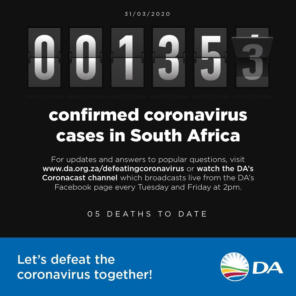 DA_JHB's tweet photo. An update on the number of confirmed Corona virus cases. https://t.co/69wFsWwLjH