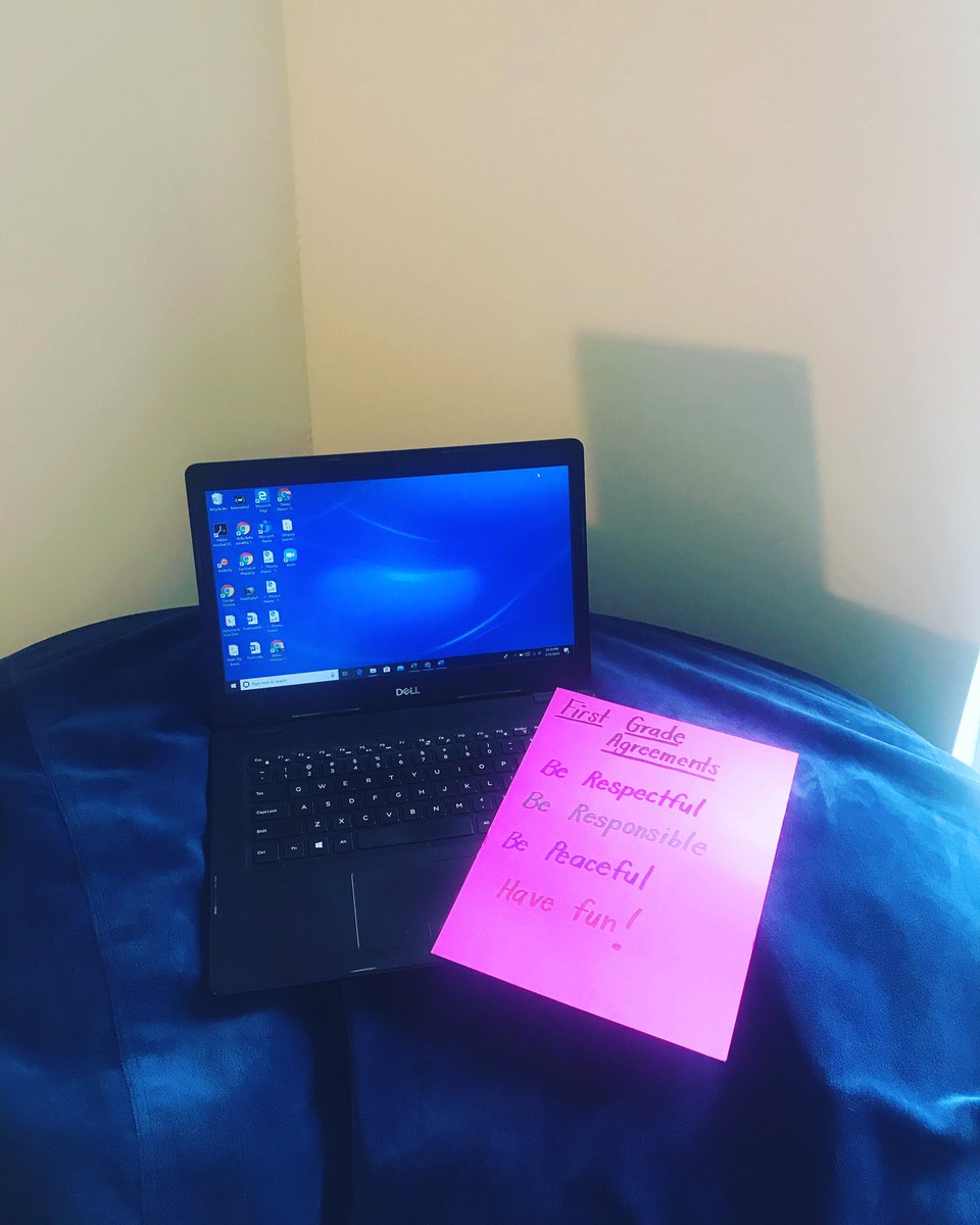 StaceyP1981's tweet photo. Here we go... meeting w/ 5 #firstgrade students for our 1st @zoom. Gotta set up some norms based on our Class Expectations (Thank you @responsiveclass). Wish us luck! #distancelearning #cozyspot #lovesac https://t.co/P8x0zREKuf