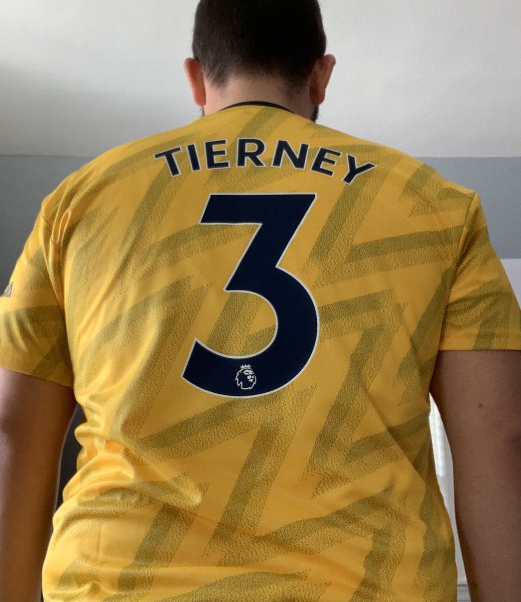 GoodCutlet's tweet photo. Day 1: start off with @Arsenal’s away kit from this season. Got @kierantierney1’s name/#, as he’s a great young defender, and “Tierney” is also my mother’s maiden name. #SickKitChallenge @adidas #BruisedBanana https://t.co/mVxt0cS80b