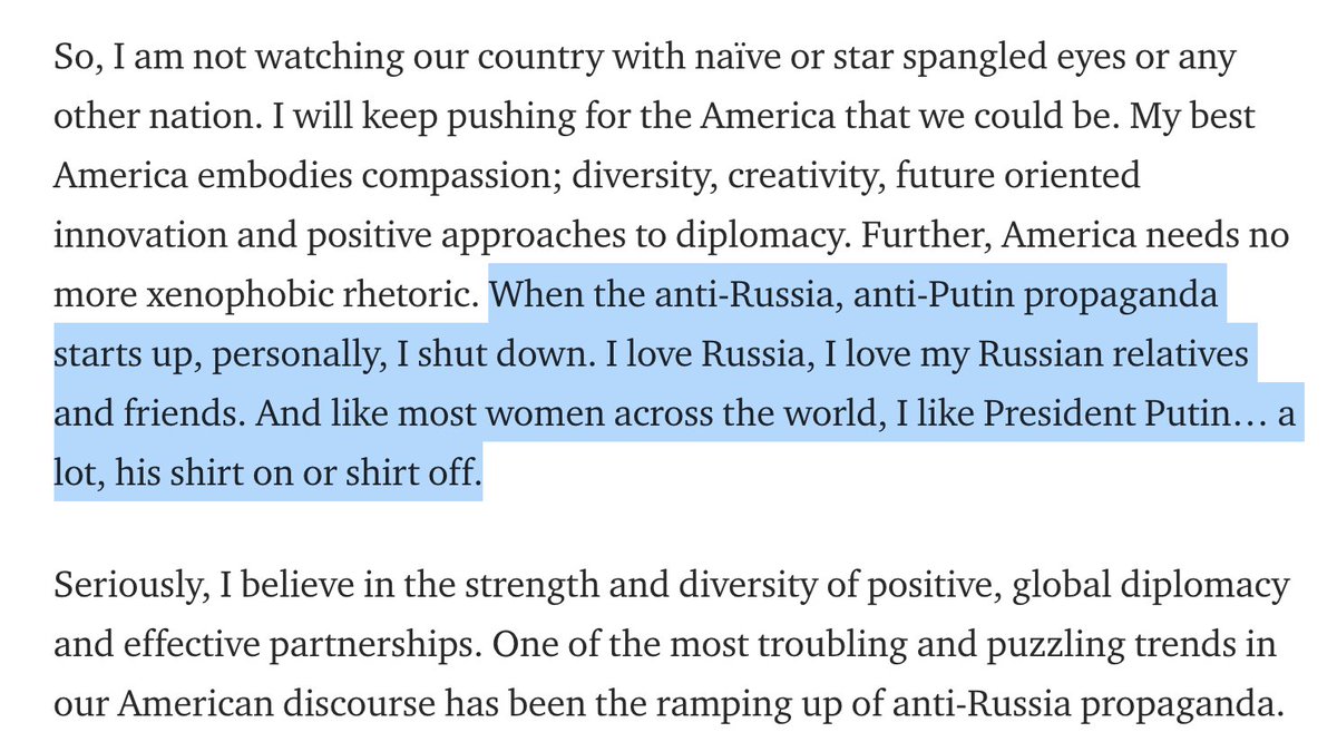 Even though Putin has been criticized for his horrific treatment of women and even for making light of rape, Tara Reade tries to sell her readers the idea that he's a blessing to women, and even said she likes him with his 'shirt off.' ( https://web.archive.org/web/20190404044831/https://medium.com/@shewrites94/who-let-the-cats-out-461cdf4dfcaf) (thread)