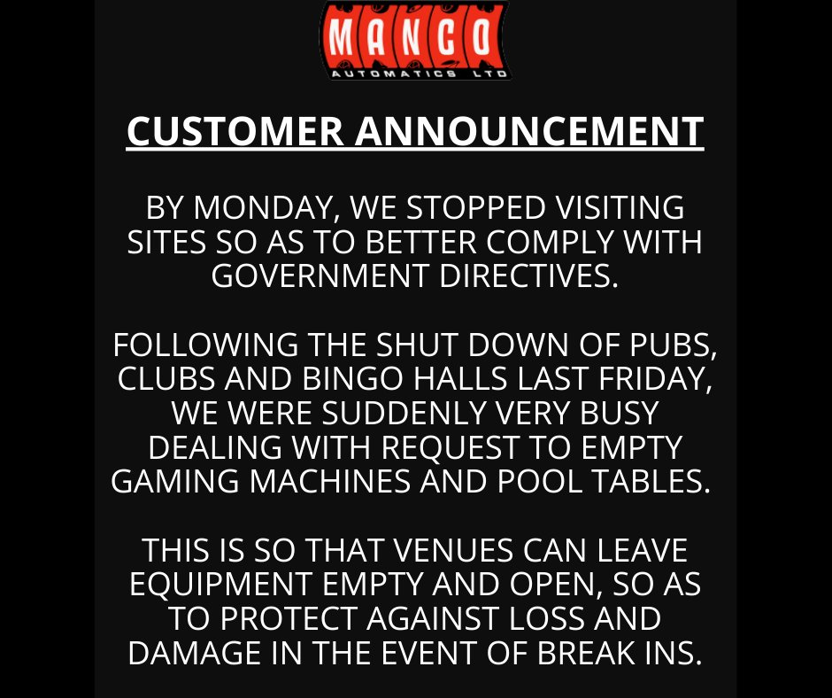 MancoAutomatics's tweet photo. We have been very busy ensuring all of our clients were prepared for the government's lockdown. If you are planning ahead for when you are able to reopen your pub, club, bar, bingo club,  get in touch with us to find out how we can help you. Until then #StaySafe and #StayHome! https://t.co/Y1VZsn7Q6b
