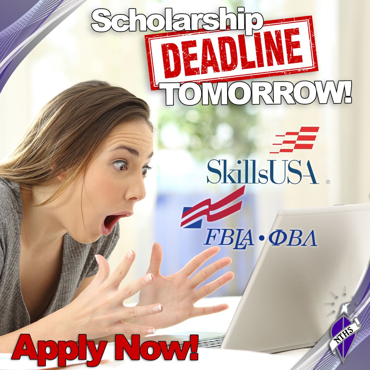 NTHS_Official's tweet photo. If you've been waiting until the last minute, it's OFFICIALLY HERE! The application deadline for our partner #scholarships with @FBLA_National and @SkillsUSA is TOMORROW! Visit https://t.co/0BxvZwaGYl to get more info, and apply online today! #NTHScholarships #NTHS https://t.co/NwH8sLPQ3r