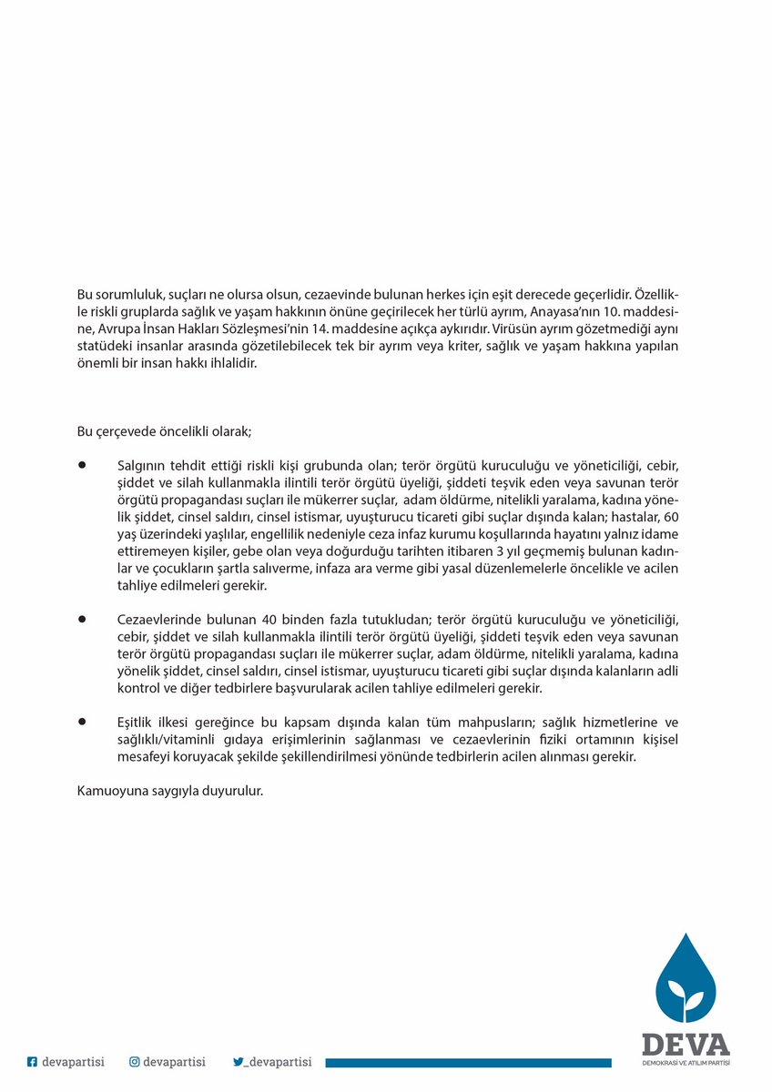 devapartisi's tweet photo. Koronavirüs salgını sebebiyle cezaevlerinde alınması gereken acil önlemlere dair yaptığımız çalışmayı sizlerle paylaşıyoruz. https://t.co/C3qLz5mZkj