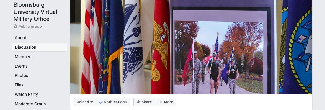 BU_Military's tweet photo. The Military Office has gone ~virtual~ while we're away from campus. Join the group to stay connected and up to date on important resources, events, and information for military students. @BloomsburgU @BloomuVets https://t.co/xwrGLREOfe