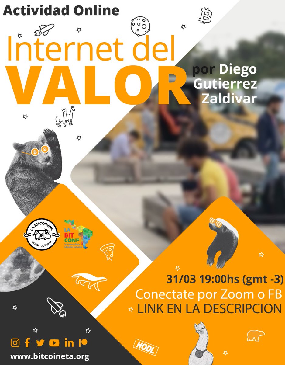 Hoy 19 hs  acompañanos en una charla online con <a href="/dieguito/">Diego 'Aequalitatem Honoris' Gutierrez-Zaldivar</a> sobre cómo Bitcoin dio nacimiento a la Internet del Valor y cómo ésta va a ser la base para el sistema financiero y social del futuro.

Conectate por Zoom en us04web.zoom.us/j/3033553357 o mira la transmisión por Facebook live!