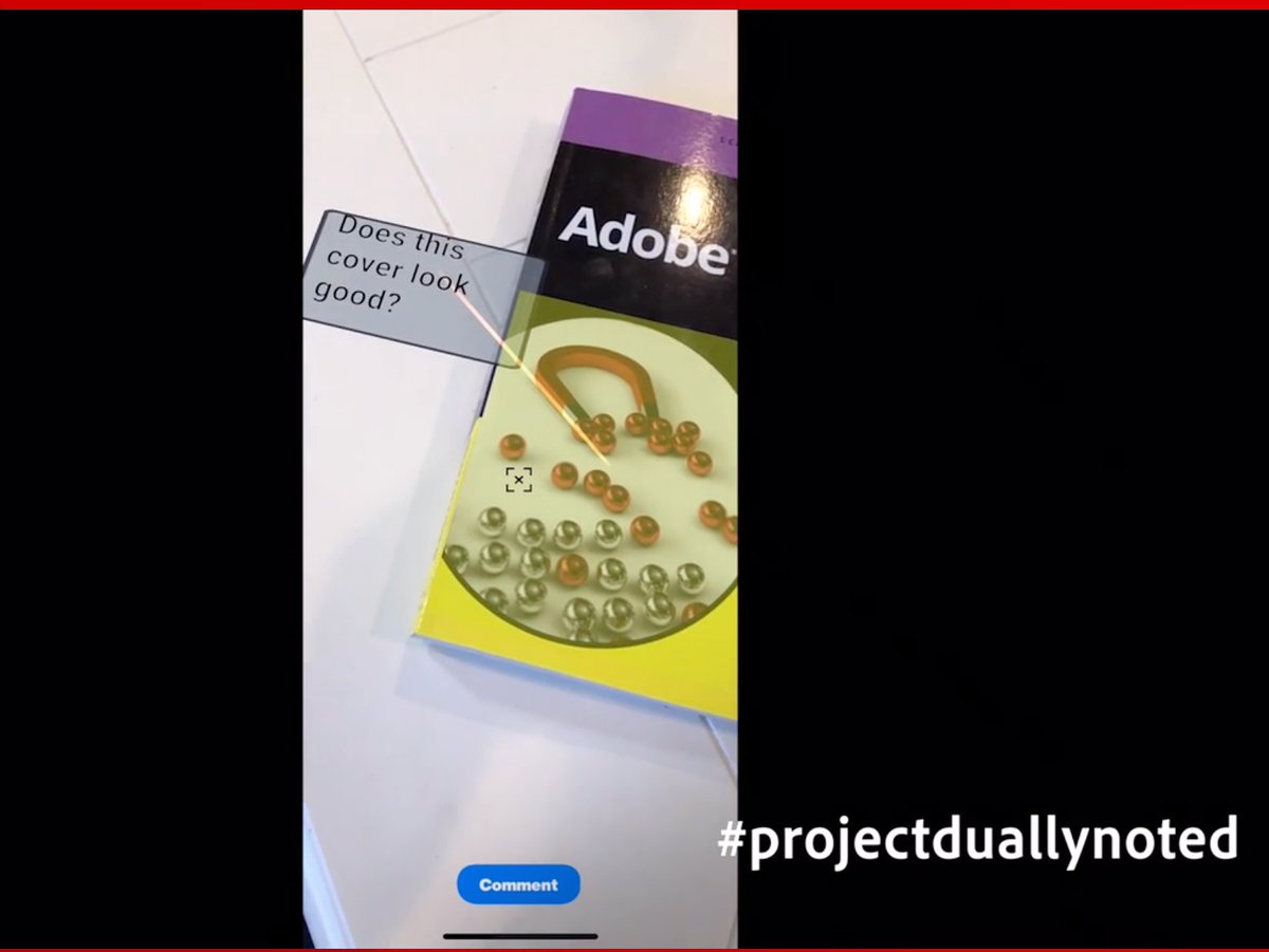 amarie's tweet image. Um … whoa! Augmented reality for authors and editors (other than “the check is in the mail”). Cloud-based commenting that floats on top of the page when the physical book appears in a mobile device’s camera! From @AdobeSummit’s Sneaks adobe.com/summit.html?vi… #projectduallynoted