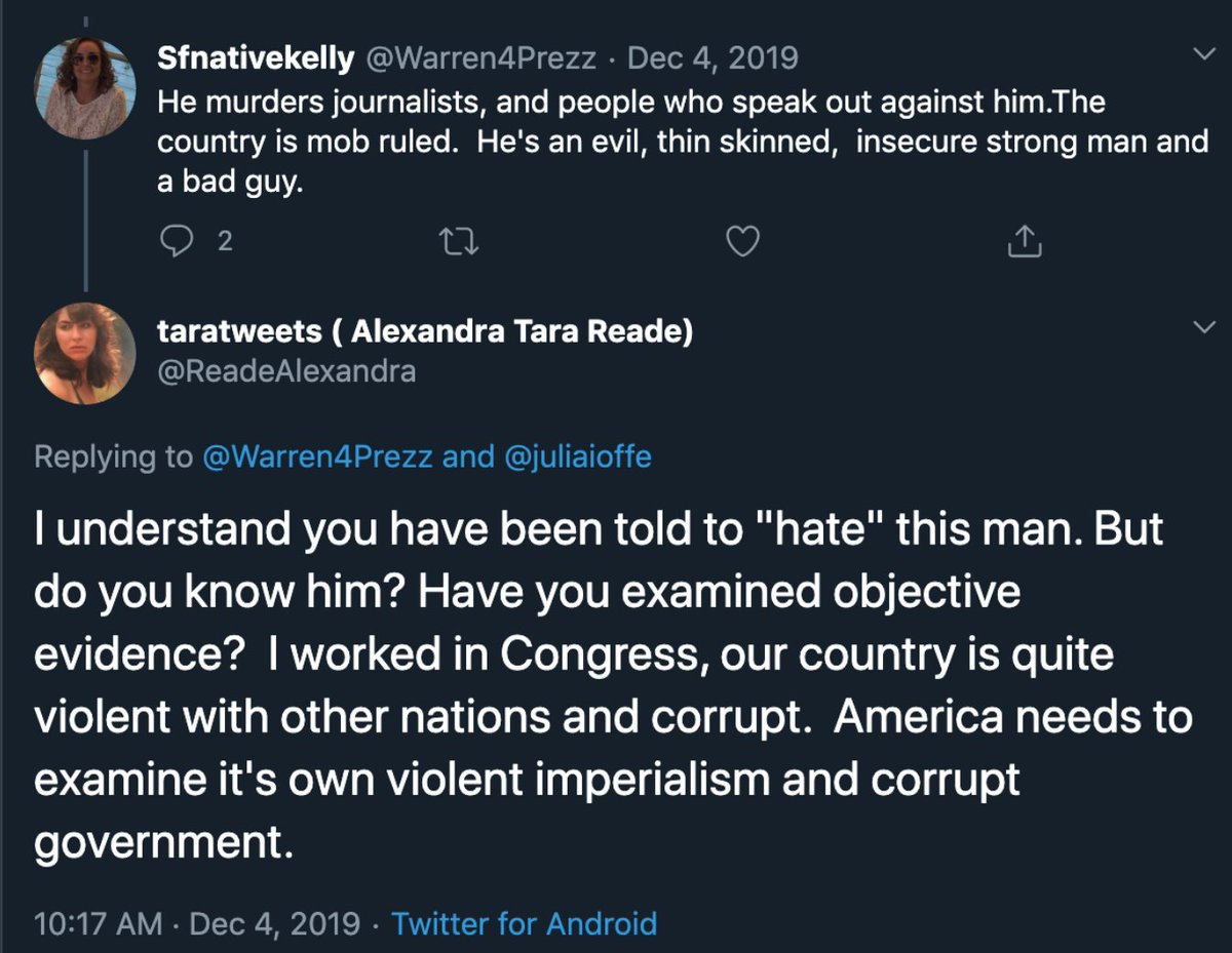 Tara Reade, in 2019, after spending much of 2017 attacking Putin, and praising Biden, defends Putin for murdering journalists and people who speak out against him. Why did she suddenly change her views on Putin, just as she began accusing Joe Biden of sexual misconduct? (thread)