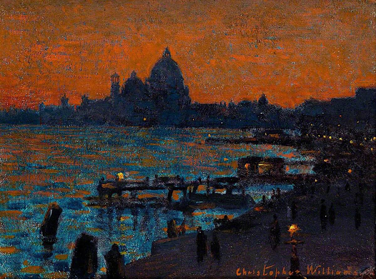 Born in Maesteg Christopher Williams (1873-1934) trained at the Royal College of Art and Royal Academy in London. Though famous primarily as a portraitist he painted many landscapes, including a series of oil sketches made in Venice.