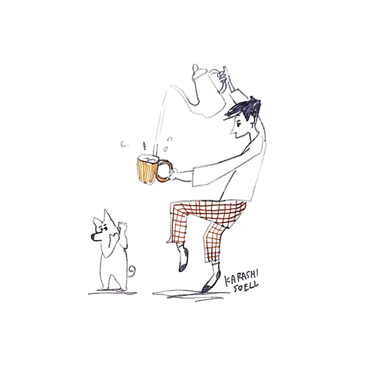 カラシソエル イラストレーター على تويتر 今日のイラスト お湯を注ぐ少年と犬 今日のカラシイラスト