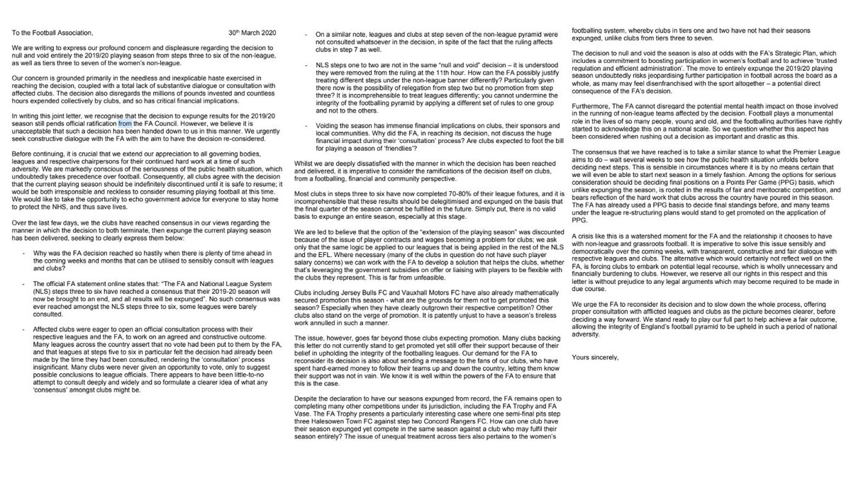 More than 120 clubs have now signed a letter to the FA questioning the decision to expunge the season!

League 1 sides Peterborough &amp; Lincoln City have added their names.

Berkhamsted, Frome Town, Norwich United, Stamford, Emley, Leigh Town &amp; Chesham United have also now signed.