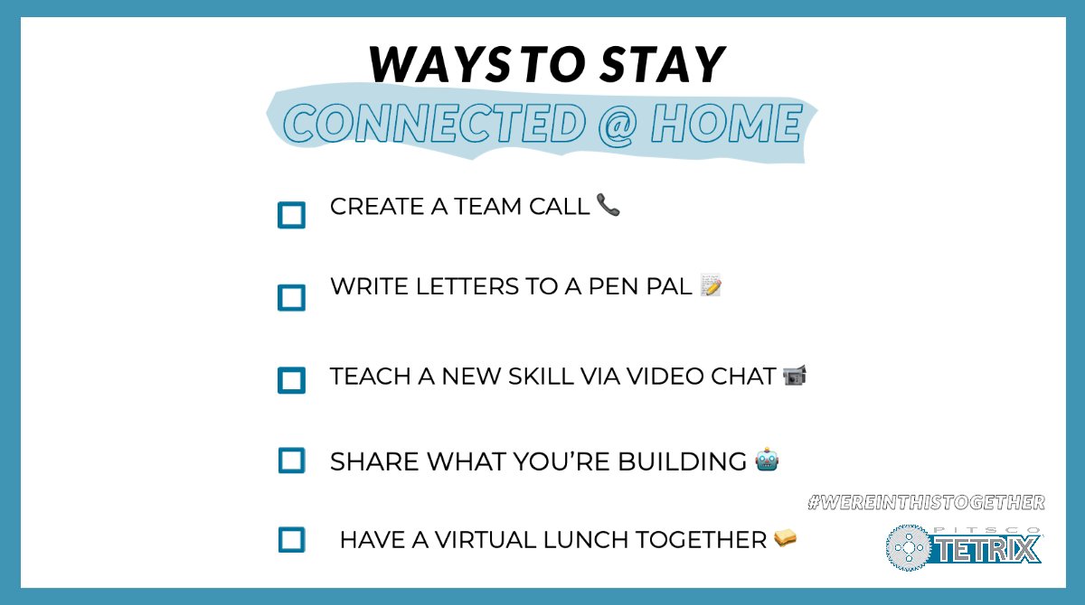 #Teambuilding is NOT canceled.
#Relationships are NOT canceled.
#Learning is NOT canceled.

Even though we may be in separate places – we can still be together. 🤝

How is your team/class still building, sharing, connecting, and growing? 🧠🤖
#WereInThisTogether #LearningatHome