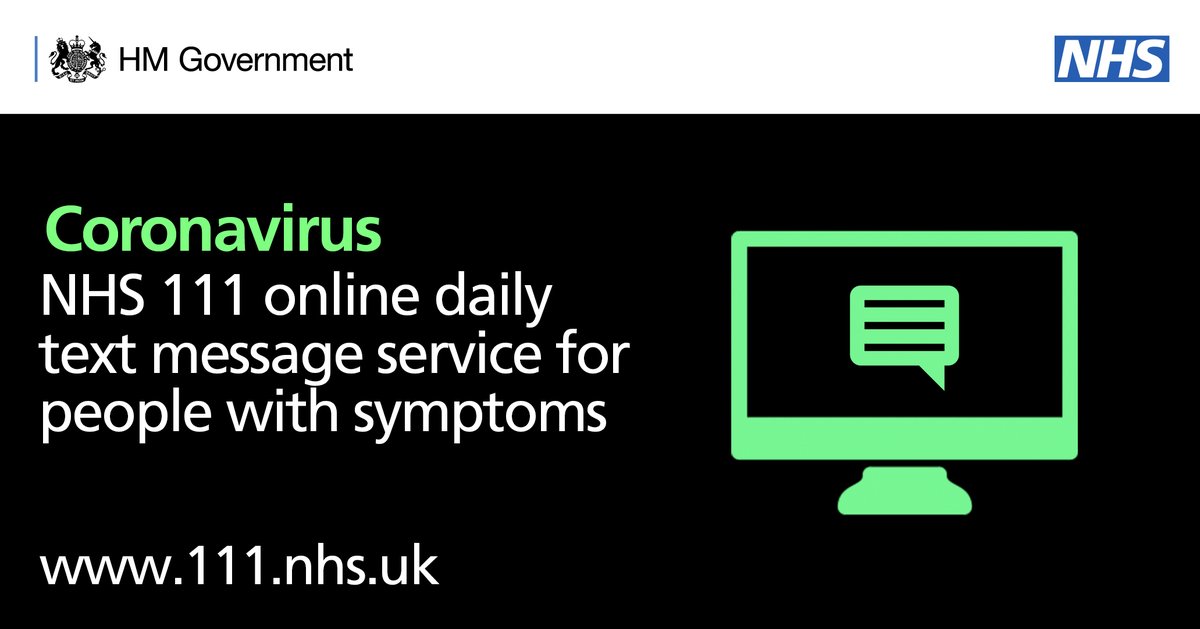 DHSCgovuk's tweet photo. Anyone with #coronavirus symptoms who contact NHS 111 online at https://t.co/ML7YmBWjpD will get regular check-ins and advice from our new NHS text messaging service. 

Find out more:
➡️ https://t.co/apjLc7SaPZ https://t.co/pO7S3C2hU8