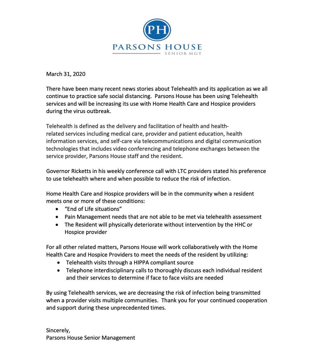 ParsonsHouseNE's tweet photo. Hi everyone, here's an update on our continued efforts to keep the COVID-19 virus from our Community. https://t.co/wEXTpZFNtV