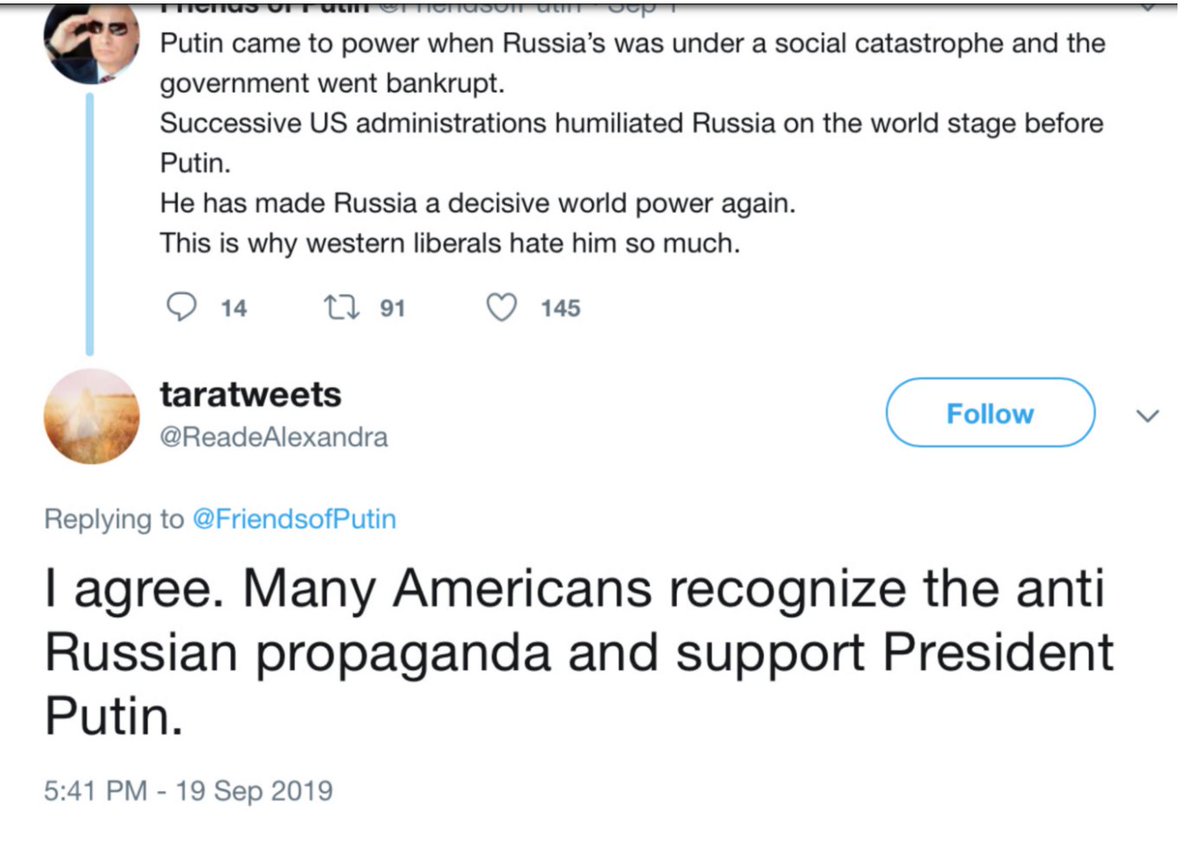 In Sept. of 2019 Tara Reade attacked Americans for "anti-Russian propaganda," but in 2017, she was helping spread attacks of Russia and Putin. What changed? (thread)