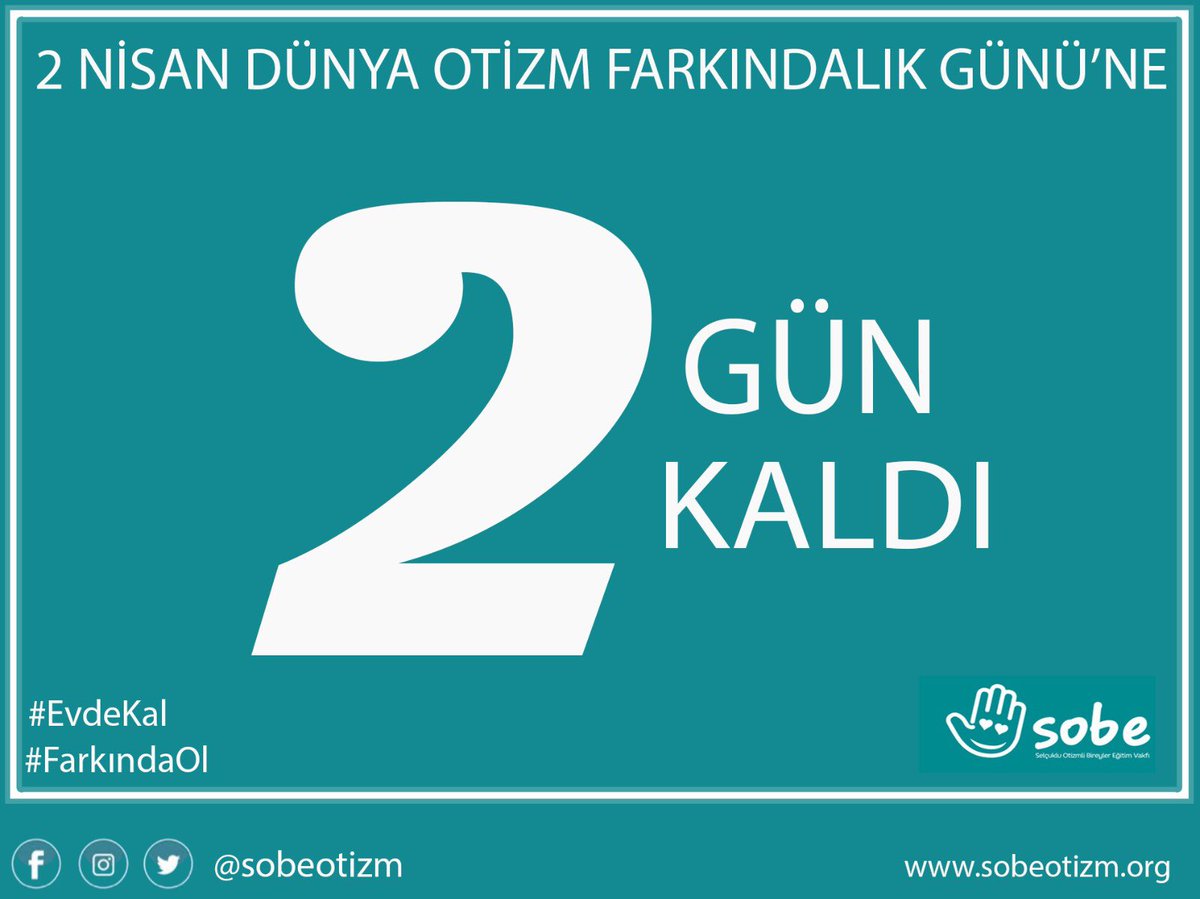 Sevgili Takipçilerimiz, 
#2Nisan Dünya #Otizm Farkındalık Günü’ne 2 gün kaldı.💙

#EvdeKal #FarkındaOl hashtagleriyle evinizdeki en güzel “mavi” fotoğrafını yorum olarak bizimle paylaşabilir, otizm farkındalığına katkı sağlayabilirsiniz.📸
Sağlıklı günler dileriz.🤗